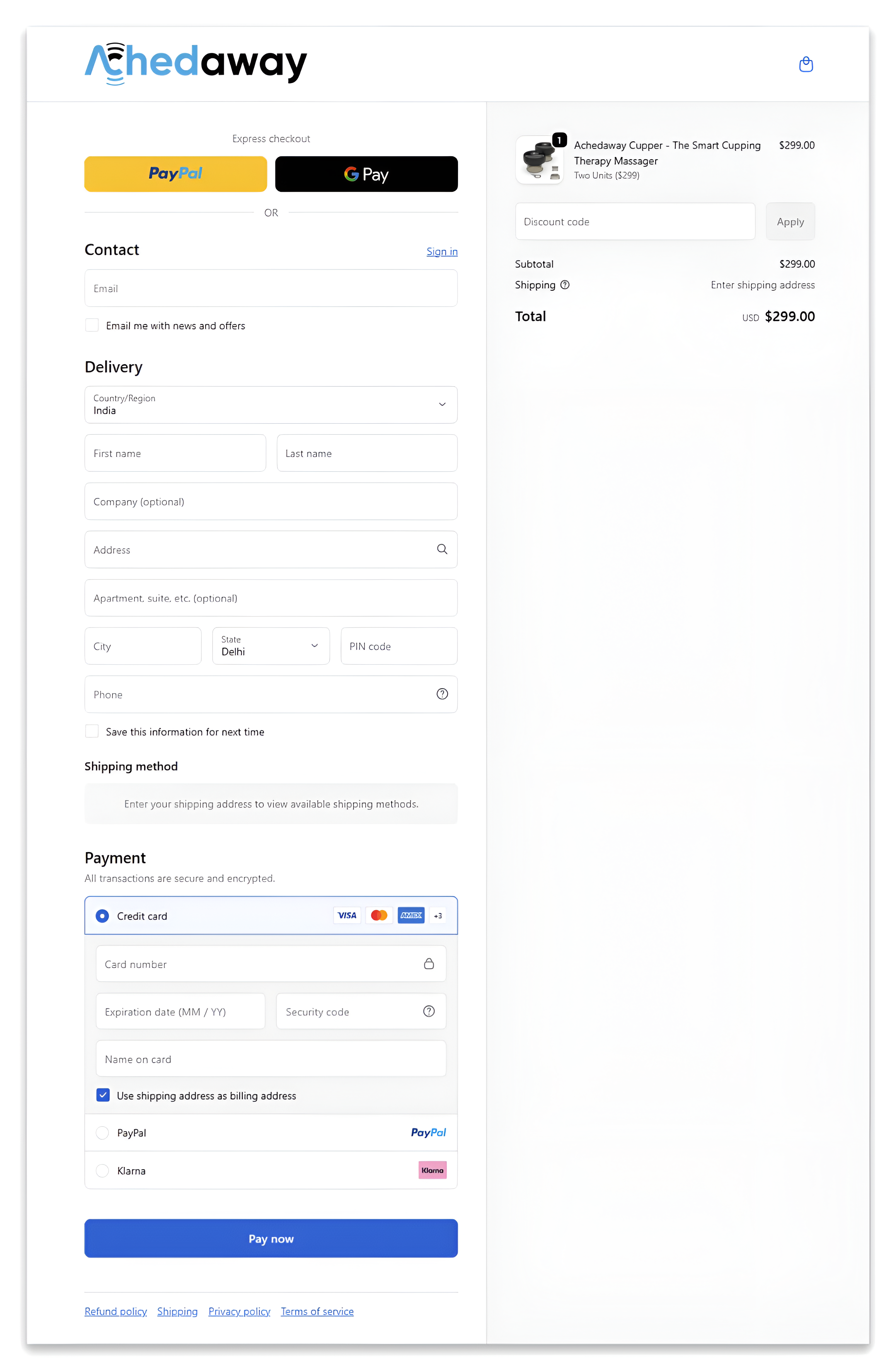 Achedaway Cupper checkout page